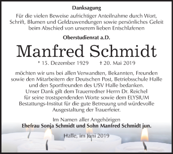 Traueranzeige von Manfred Schmidt von Mitteldeutsche Zeitung Halle/Saalkreis