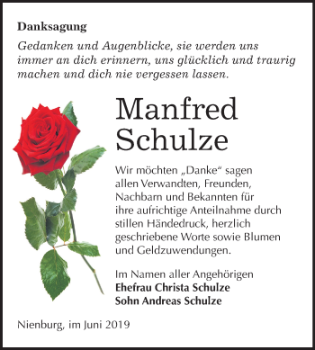 Traueranzeige von Manfred Schulze von Mitteldeutsche Zeitung Bernburg