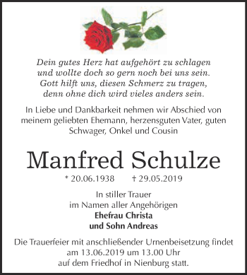 Traueranzeige von Manfred Schulze von Super Sonntag Bernburg