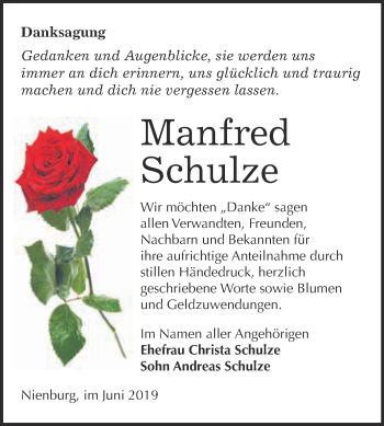 Traueranzeige von Manfred Schulze von Super Sonntag Bernburg