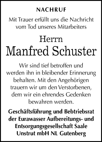 Traueranzeige von Manfred Schuster von Mitteldeutsche Zeitung Halle/Saalkreis