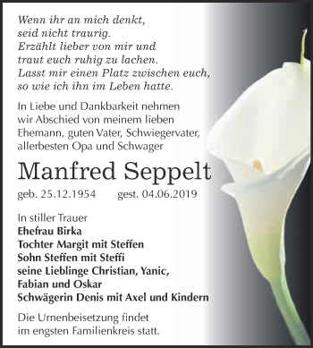 Traueranzeige von Manfred Seppelt von WVG - Wochenspiegel Dessau / Köthen