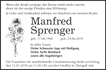 Traueranzeige von Manfred Sprenger von Super Sonntag Wittenberg