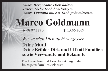 Traueranzeige von Marco Goldmann von WVG - Wochenspiegel Dessau / Köthen