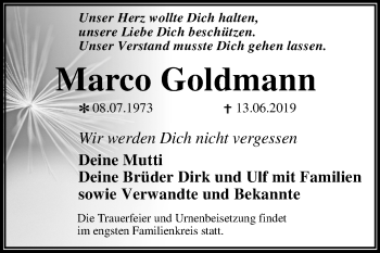 Traueranzeige von Marco Goldmann von Mitteldeutsche Zeitung Dessau-Roßlau