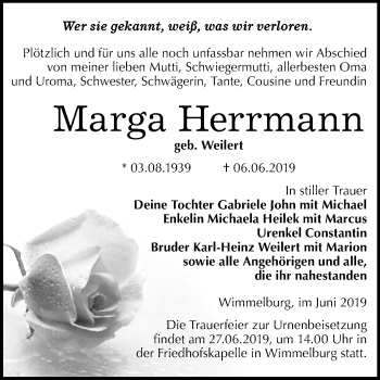 Traueranzeige von Marga Herrmann von Mitteldeutsche Zeitung