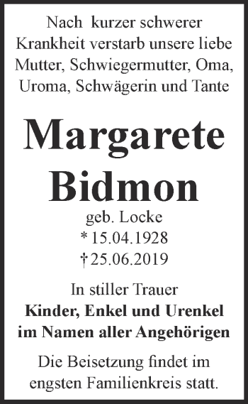 Traueranzeige von Margarete Bidmon von Super Sonntag Bernburg
