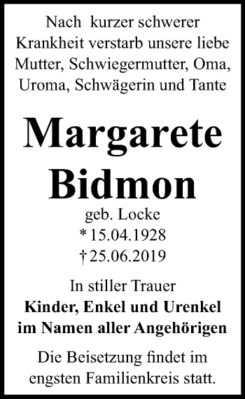 Traueranzeige von Margarete Bidmon von Mitteldeutsche Zeitung Bernburg