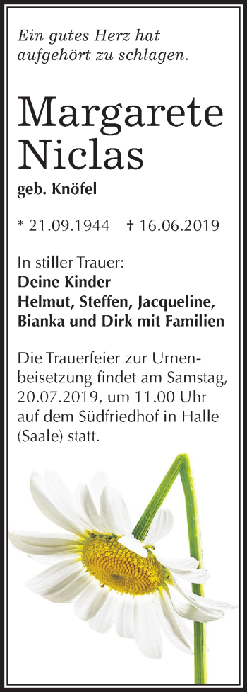 Traueranzeige von Margarete Niclas von Mitteldeutsche Zeitung Halle/Saalkreis