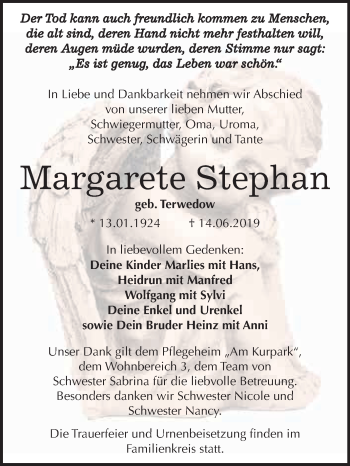 Traueranzeige von Margarete Stephan von WVG - Wochenspiegel Wittenberg