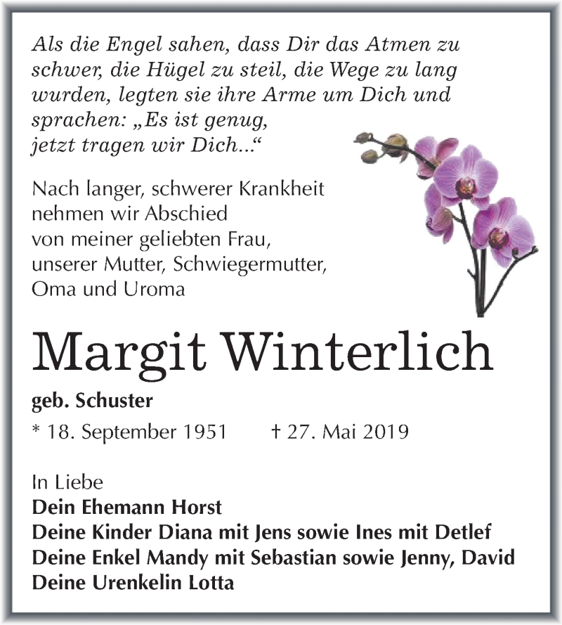  Traueranzeige für Margit Winterlich vom 15.06.2019 aus Mitteldeutsche Zeitung Halle/Saalkreis