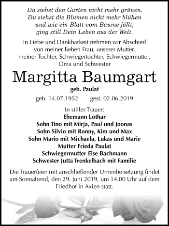 Traueranzeige von Margitta Baumgart von Mitteldeutsche Zeitung