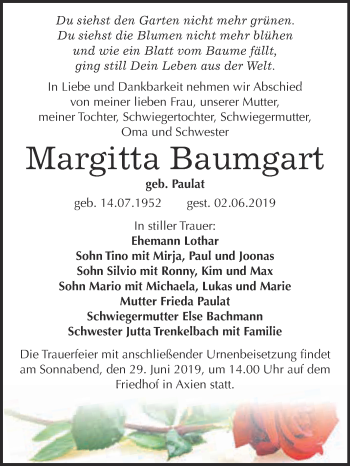 Traueranzeige von Margitta Baumgart von WVG - Wochenspiegel Wittenberg