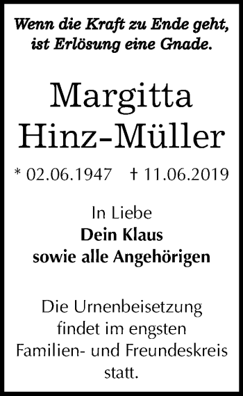 Traueranzeige von Margitta Hinz-Müller von Mitteldeutsche Zeitung Dessau-Roßlau