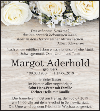 Traueranzeige von Margot Aderhold von Mitteldeutsche Zeitung Halle/Saalkreis