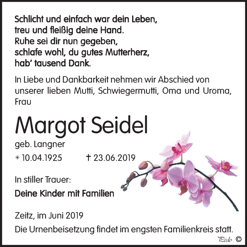  Traueranzeige für Margot Seidel vom 29.06.2019 aus Mitteldeutsche Zeitung Zeitz