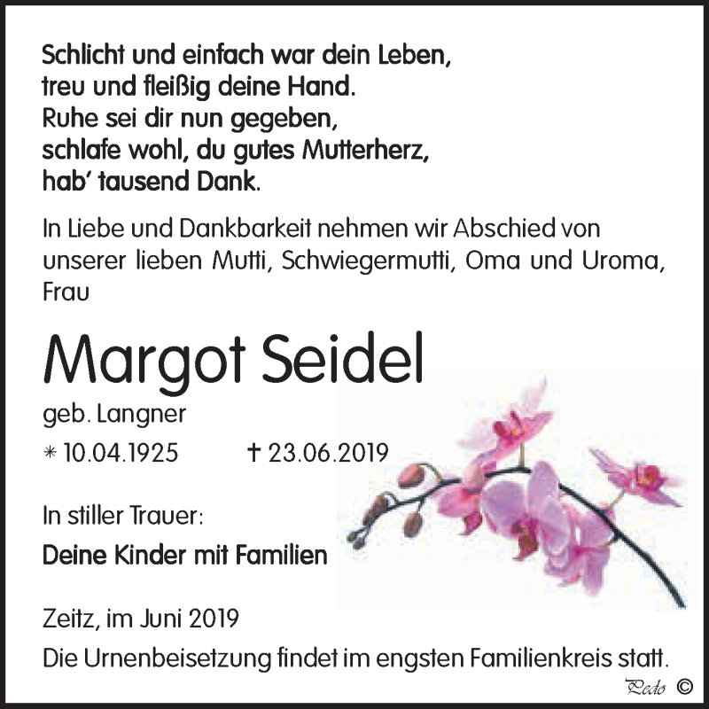  Traueranzeige für Margot Seidel vom 24.06.2019 aus WVG - Wochenspiegel NMB / WSF / ZTZ