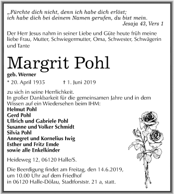 Traueranzeige von Margrit Pohl von Mitteldeutsche Zeitung Halle/Saalkreis
