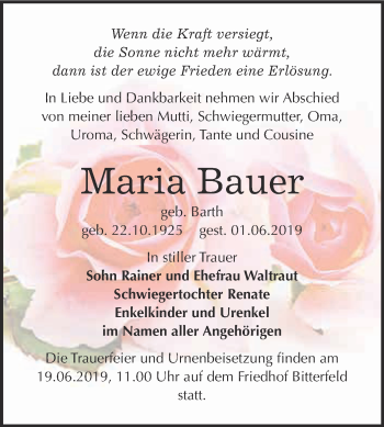 Traueranzeige von Maria Bauer von WVG - Wochenspiegel Bitterfeld