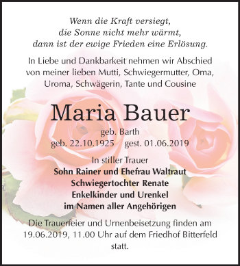 Traueranzeige von Maria Bauer von Mitteldeutsche Zeitung Bitterfeld