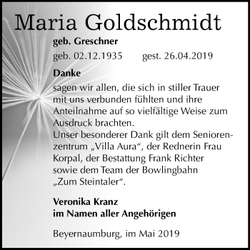 Traueranzeige von Maria Goldschmidt von Mitteldeutsche Zeitung Sangerhausen