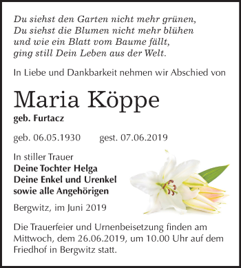 Traueranzeige von Maria Köppe von Mitteldeutsche Zeitung