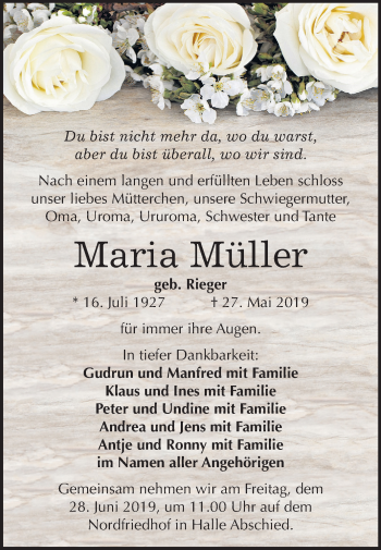 Traueranzeige von Maria Müller von Mitteldeutsche Zeitung Halle/Saalkreis
