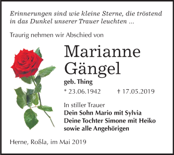 Traueranzeige von Marianne Gängel von Mitteldeutsche Zeitung Sangerhausen