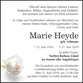 Traueranzeige von Marie Heyde von Mitteldeutsche Zeitung