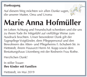 Traueranzeige von Marie Anna Hofmüller von Super Sonntag SGH Mansf. Land