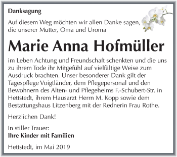 Traueranzeige von Marie Anna Hofmüller von Mitteldeutsche Zeitung Mansfelder Land
