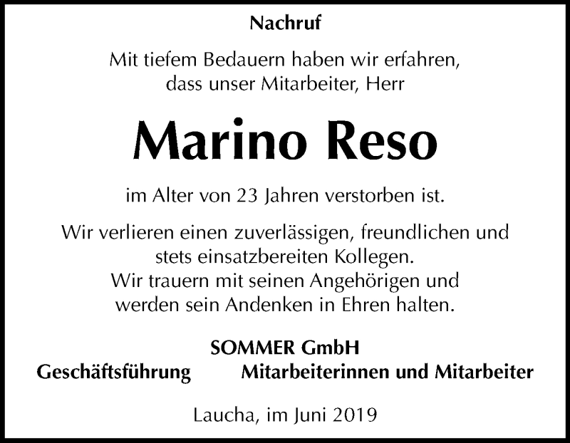  Traueranzeige für Marino Reso vom 29.06.2019 aus Mitteldeutsche Zeitung