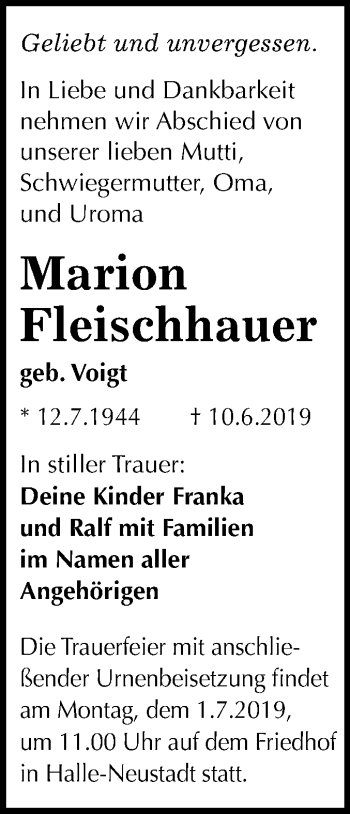 Traueranzeige von Marion Fleischhauer von Mitteldeutsche Zeitung Halle/Saalkreis