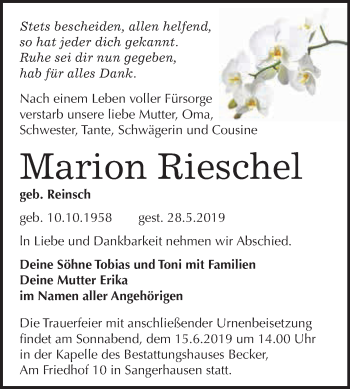 Traueranzeige von Marion Rieschel von Super Sonntag SGH Mansf. Land