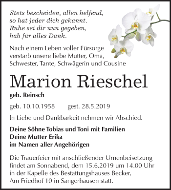 Traueranzeige von Marion Rieschel von Mitteldeutsche Zeitung