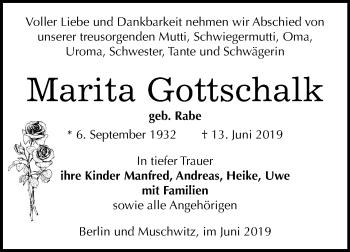 Traueranzeige von Marita Gottschalk von Mitteldeutsche Zeitung Weißenfels