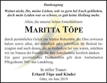Traueranzeige von Maritta Töpe von Mitteldeutsche Zeitung Halle/Saalkreis