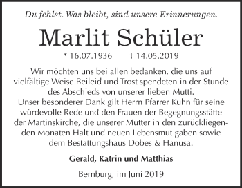 Traueranzeige von Marlit Schüler von Super Sonntag Bernburg