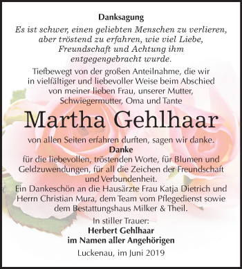 Traueranzeige von Martha Gehlhaar von Mitteldeutsche Zeitung Zeitz