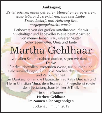 Traueranzeige von Martha Gehlhaar von WVG - Wochenspiegel NMB / WSF / ZTZ