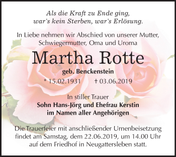 Traueranzeige von Martha Rotte von Mitteldeutsche Zeitung Bernburg