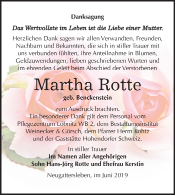 Traueranzeige von Martha Rotte von Mitteldeutsche Zeitung Bernburg