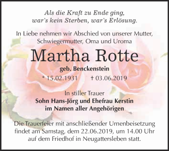 Traueranzeige von Martha Rotte von Super Sonntag Bernburg