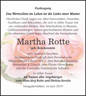 Traueranzeige von Martha Rotte von Super Sonntag Bernburg