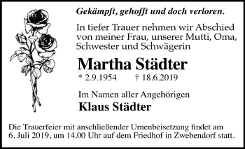 Traueranzeige von Martha Städter von Mitteldeutsche Zeitung Halle/Saalkreis