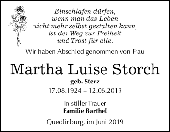 Traueranzeige von Martha Luise Storch von WVG - Wochenspiegel Quedlinburg