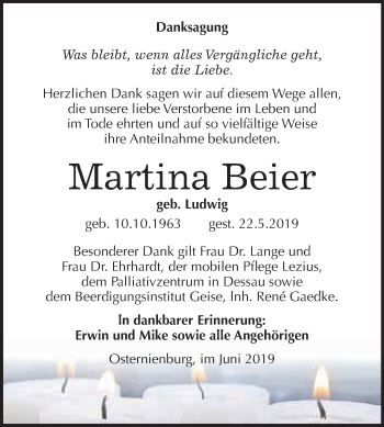 Traueranzeige von Martina Beier von WVG - Wochenspiegel Dessau / Köthen