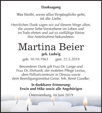 Traueranzeige von Martina Beier von Mitteldeutsche Zeitung Köthen