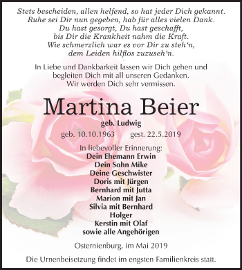 Traueranzeige von Martina Beier von Mitteldeutsche Zeitung Köthen