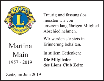 Traueranzeige von Martina Main von Mitteldeutsche Zeitung Zeitz